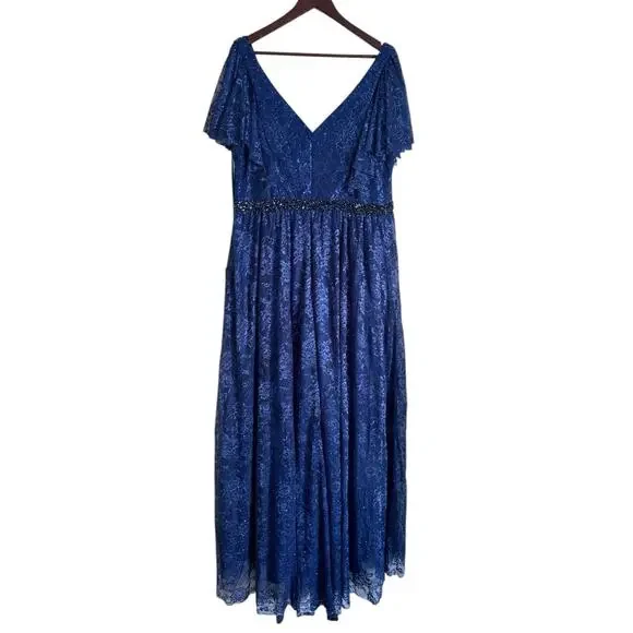 MAC DUGGAL Lace Gown Flutter Sleeve A-Line Dress Midnight Blue Size 18W NWT - Picture 2 of 9